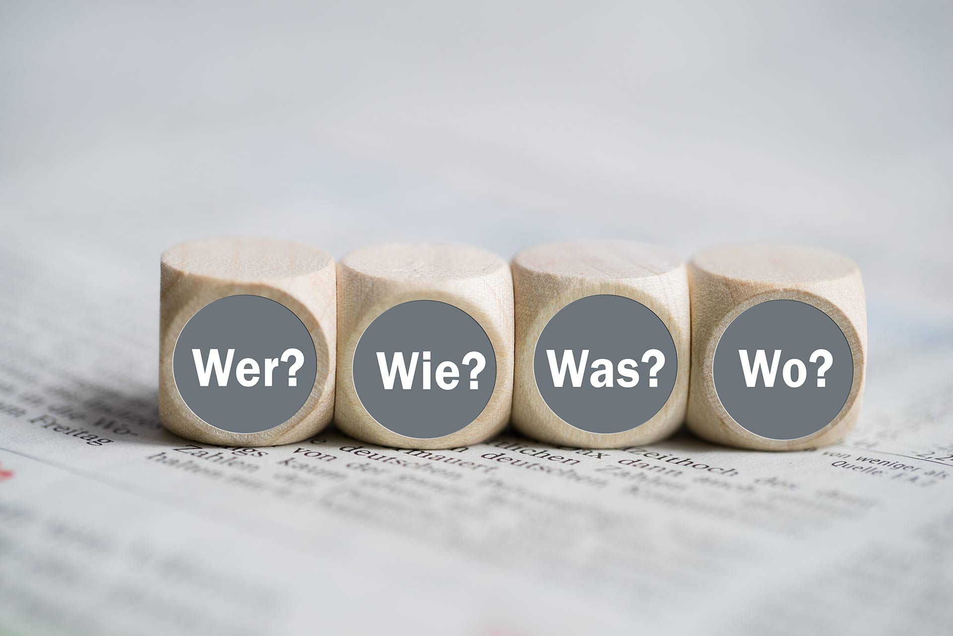 Vier Würfel mit der Beschriftung Wer? Wie? Was? Wo? werden dargestellt